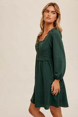 Hunter Green Square Neckline Ruffle Trim Babydoll Dress