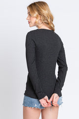 Charcoal Waffle Knit Basic Long Sleeve Top