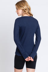 Navy Waffle Knit Basic Long Sleeve Top