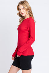 Red Waffle Knit Basic Long Sleeve Top