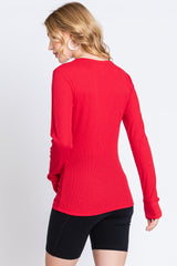 Red Waffle Knit Basic Long Sleeve Top