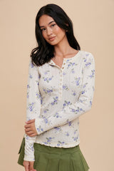 Light Blue Floral Long Sleeve Henley Maternity Top