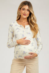 Light Blue Floral Long Sleeve Henley Maternity Top