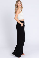 Black Linen Wide Leg Lace Trim Pants