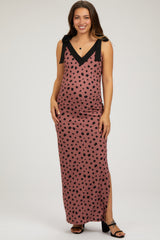 Mauve Ribbed Polka Dot Shoulder Tie Maternity Maxi Dress