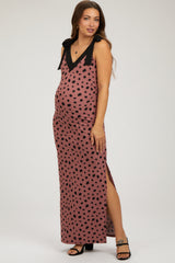 Mauve Ribbed Polka Dot Shoulder Tie Maternity Maxi Dress