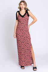 Mauve Ribbed Polka Dot Shoulder Tie Maxi Dress