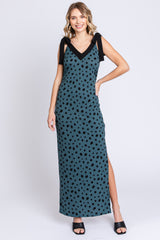 Teal Ribbed Polka Dot Shoulder Tie Maternity Maxi Dress