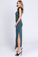 Teal Ribbed Polka Dot Shoulder Tie Maxi Dress