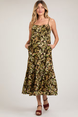 Brown Floral Sleeveless Front Cinched Maternity Midi Dress