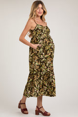 Brown Floral Sleeveless Front Cinched Maternity Midi Dress