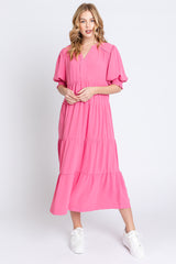 Pink Short Sleeve Tiered Maternity Midi Dress