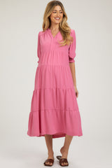 Pink Short Sleeve Tiered Maternity Midi Dress