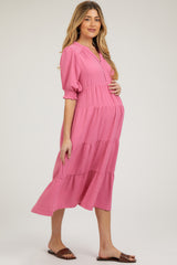 Pink Short Sleeve Tiered Maternity Midi Dress