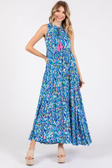 Blue Sleeveless V-Neck Ruffle Neck Tiered Maxi Dress