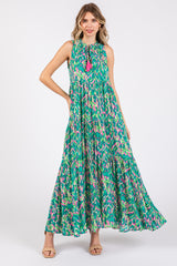 Green Sleeveless V-Neck Ruffle Neck Tiered Maxi Dress