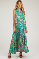 Green Sleeveless V-Neck Ruffle Neck Tiered Maternity Maxi Dress