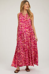 Magenta Sleeveless V-Neck Ruffle Neck Tiered Maternity Maxi Dress