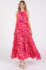 Magenta Sleeveless V-Neck Ruffle Neck Tiered Maternity Maxi Dress