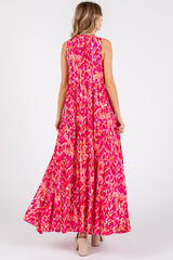 Magenta Sleeveless V-Neck Ruffle Neck Tiered Maxi Dress