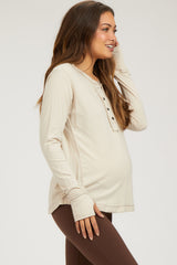 Beige Long Sleeve Exposed Seam Maternity Top