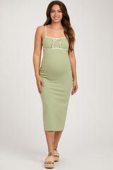 Light Olive Contrast Bow Back Slit Maternity Midi Dress