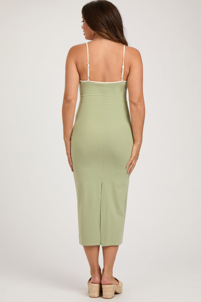 Light Olive Contrast Bow Back Slit Maternity Midi Dress