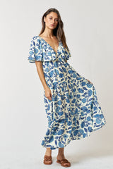 Blue Floral Deep V-Neck Ruffle Midi Dress