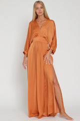 Rust Long Dolman Sleeve Tie Back Waisted Maxi Dress