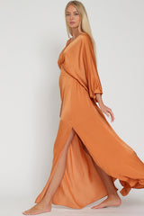 Rust Long Dolman Sleeve Tie Back Waisted Maxi Dress