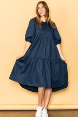 Navy Poplin Tiered Midi Dress