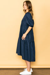 Navy Poplin Tiered Midi Dress