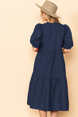 Navy Poplin Tiered Midi Dress