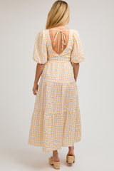 Yellow Gingham Puff Sleeve Maternity Tiered Midi Dress