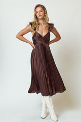 Brown Sleeveless Pleated Dress