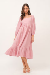 Pink Gauze Square Neck Long Sleeve Midi Dress