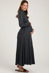 Charcoal Collared Button Down Long Sleeve Maternity Maxi Dress