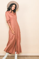 Rust Collared Button Down Long Sleeve Maxi Dress