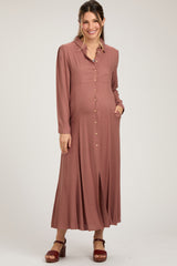 Rust Collared Button Down Long Sleeve Maternity Maxi Dress