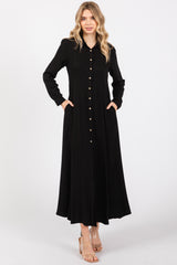 Black Collared Button Down Long Sleeve Maternity Maxi Dress