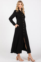 Black Collared Button Down Long Sleeve Maxi Dress