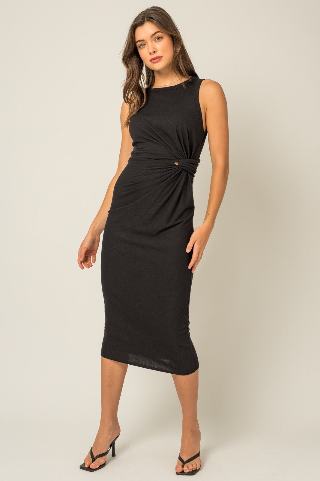 Black Rib Knit Sleeveless Side Twist Maternity Midi Dress