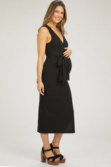 Black Rib Knit Side Tie Maternity Midi Dress