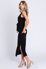 Black Rib Knit Side Tie Midi Dress