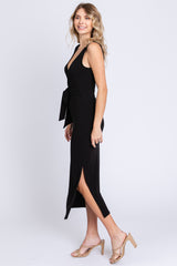 Black Rib Knit Side Tie Midi Dress