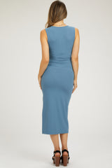 Blue Rib Knit Side Tie Maternity Midi Dress