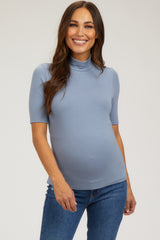 Light Blue Short Sleeve Turtleneck Maternity Top