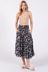 Navy Blue Floral Smocked Waist Ruffle Hem Maternity Midi Skirt