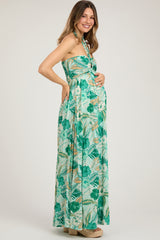 Light Blue Tropical Print Cutout Halter Neck Maternity Maxi Dress