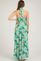 Light Blue Tropical Print Cutout Halter Neck Maternity Maxi Dress